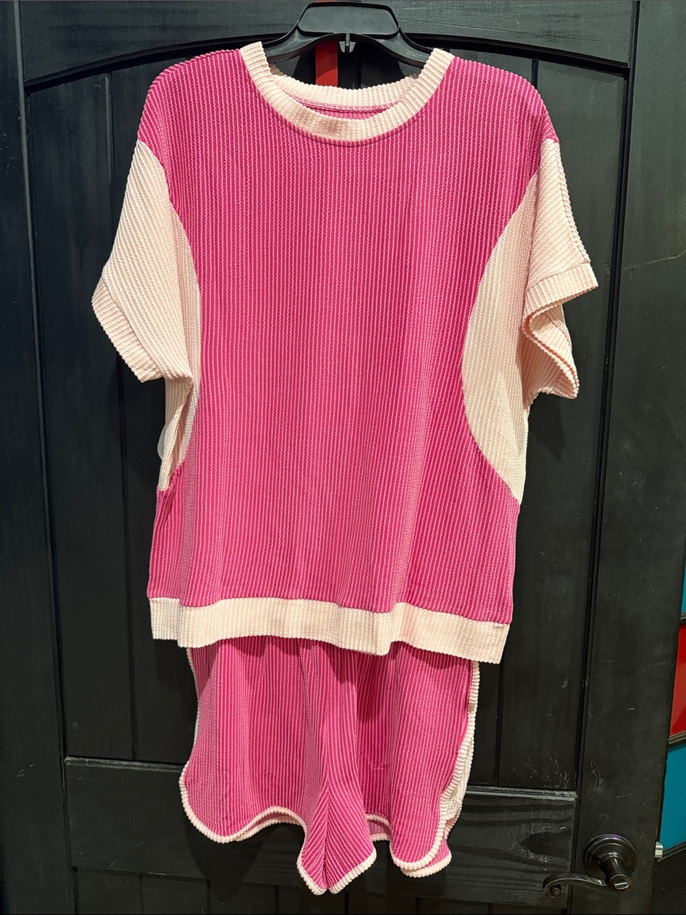 Womens Pink & Cream Ribbed Short Sleeve Knit Top